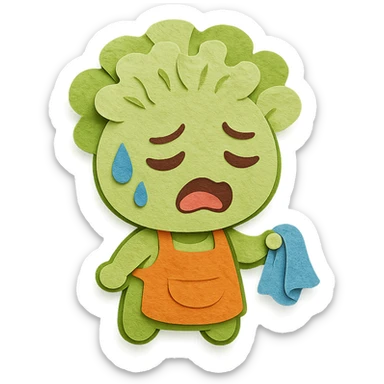 light green carnation flower with a messy apron and exhausted face, sweat dripping, holding a cleaning rag, super round chibi style, paper-craft style sticker