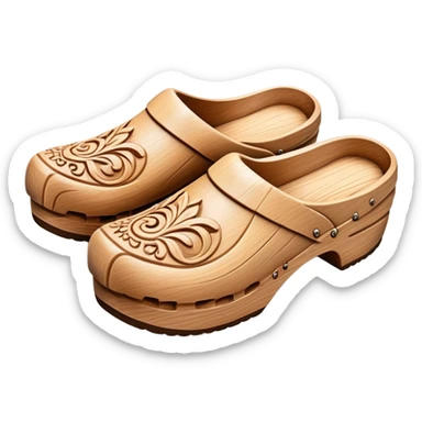 Cinematic Realistic Wooden Clogs Emoji, depicted as a pair of traditionally carved wooden clogs with intricate details and rustic charm. sticker