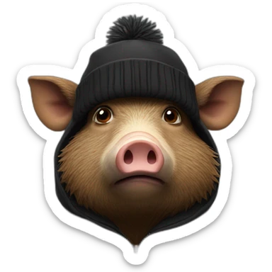 Bored brown boar in a black winter hat and black jacket sticker