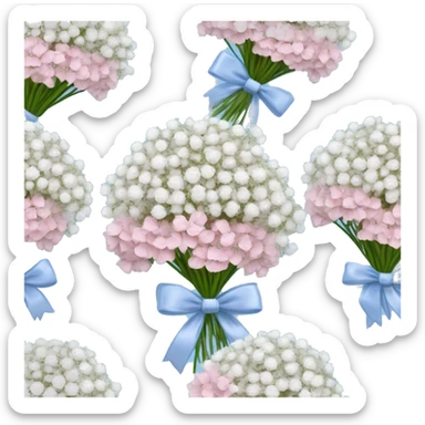 babys breath, baby blue carnation flowers bouquet tied together with a pink bow sticker