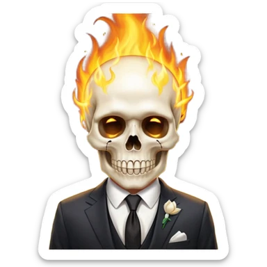 aesthetic shiny glowing divine lighting - Megadeth icon - a politician in an ivory ethereal suit wears a white tie, has a skull instead of a head, and instead of glasses, burns in fire sticker