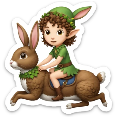 tiny forest elf short tight curly brown hair riding rabbit sticker
