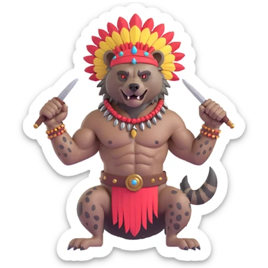 A native strong buff hyena with war bonnet flexing posing full body holding a chopped off human head by the hair  sticker