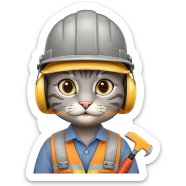 gray cat, handyman Outfit, wearing a Helmet sticker