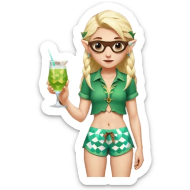 elf female legolas portrait, patterned board shorts (geometric/abstract), unique wooden-framed sunglasses, undercut hairstyle, slight smirk, visible pointy ears, no background, centered emoji, hipster summer vibe coctails  sticker