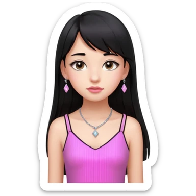 Cabelos pretos longos lisos ,com franja curvada  na altura do queixo .olhos pretos puxadinho para cima. Cílios longos curvados. Pele clara ,nariz pequeno ,lábios carnudos ,adolescente 16 anos ,vestido rosa de alça, colar pequeno prata ,brinco de diamante pequeno  sticker