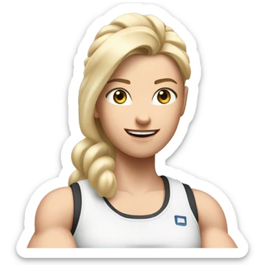 Close up Actively gesturing  with hands Pale skinned Fit woman With the biceps and blonde hair in dark gray Sleeveless Mike, black sports shorts, watch and white Sneakers sticker