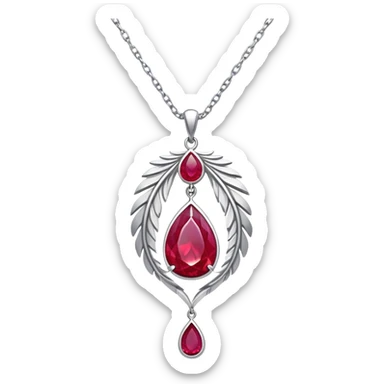 cosmic phoenix talisman, teardrop ruby with feather details, radiating rebirth, floating silver chain sticker