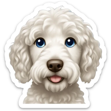 White Labradoodle with dark brown ears and girl with wavy brown hair , blue eyes and light skin sticker