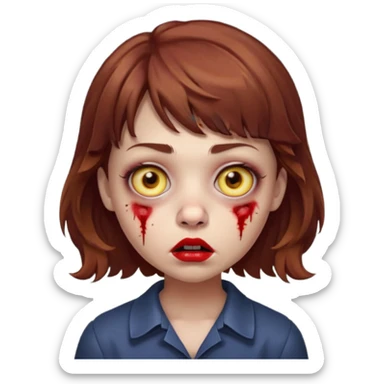 FAÇA UMA PERSONAGEM FOFA COM NARIZ DE BOLINHA AVERMELHADO CLARO E ZUMBI CABELO MARRON ONDULADO E FRANJA CURTA   COMO SE NÃO SOUBESSE OQ FEZ LÁBIOS CLAROS FECHADOS E OLHOS AMARELOS sticker