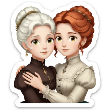 Two Victorian women embracing in a close hug, one with bright white coiffed hair and one with dark copper coiffed hair, both with light eyes, wearing Victorian high-neck dresses sticker