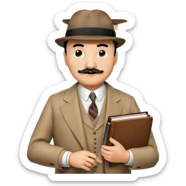 A cinematic-style frame showing Hercule Poirot in his iconic suit with a notebook in a dramatic detective pose. Background should be mysterious city, map, a board with photos of suspects, clues like fingerprints. Transparent background. sticker