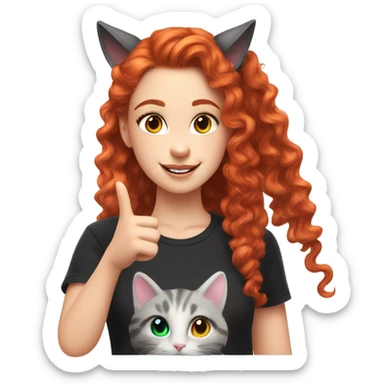 a white girl with long red curly hair in a pony tail with rainbow shirt does peace sign wearing cat ears one black other white sticker