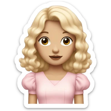 pale girl with bangs and long blonde curly hair and a pastel pink puff sleeve dress sticker