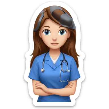 inside a classroom at university that says nursing school on the board with a pretty female nursing student with long brown hair, blue eyes sticker