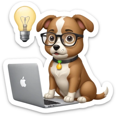 Like a cartoon (make it an intelligent dog with glasses) working with a computer (macbook, showing the apple logo) thinking and a light bulb above his head while he thinks sticker