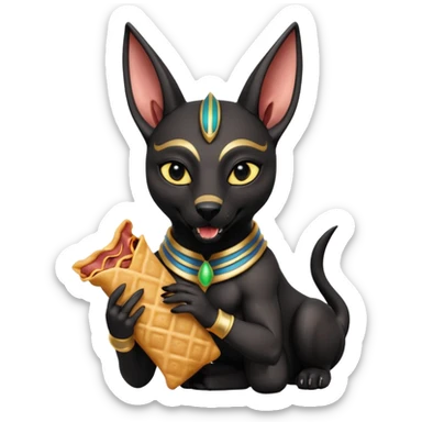  mean Short-eared Black fur beautiful female alien anubis puppy statue posed biting bacon package  sticker