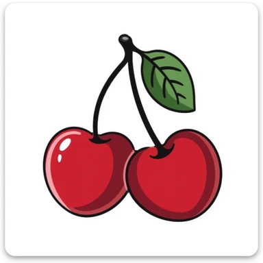 Hand-drawn pair of crimson red cherries with stem and leaves sticker