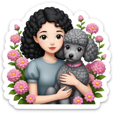 A beautiful girl with black ponytail and short sleeves happily hugs a gray curly poodle in the flowers sticker