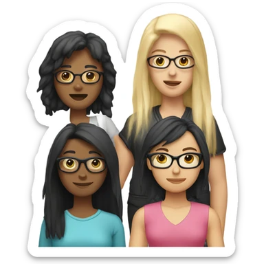 Four friends. One is Indonesian with a black mullet, one is a woman with a red shag hair cut, one is a girl with blonde hair and pink glasses and one is a masculine woman with short blond hair  sticker