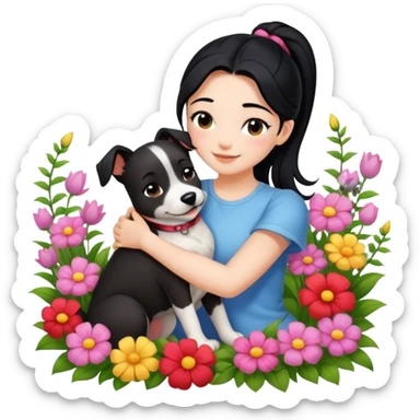 A beautiful girl with black ponytail and wearing short sleeves happily hugs a dog in the flowers sticker