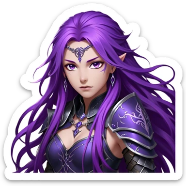 A mysterious warrior girl with long, flowing purple hair cascading down her back, strands catching the dim light like silk. Her piercing violet eyes glow beneath her furrowed brow, sharp with determination and wisdom beyond her years. She wears sleek black armor, a perfect fusion of elegance and lethality, adorned with intricate silver engravings resembling ancient runes. A dark cape billows behind her, torn at the edges from countless battles. sticker