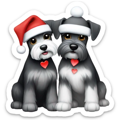 2 miniature schnauzers, 1 grey and one black and white, wearing Christmas hats with a heart in between them sticker