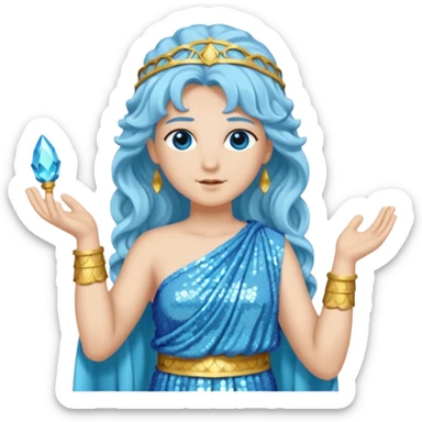 Athena from Roman Deities with long light blue wavy hair, light blue sequin toga sticker