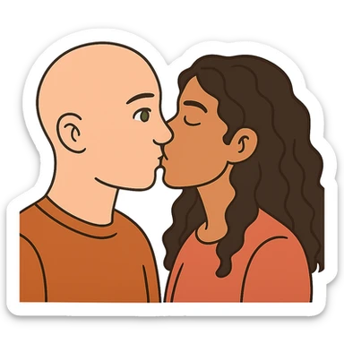 flat toon style caucasian bald man with green eyes and caucasian woman with long curly dark hair and brown eyes kissing sticker