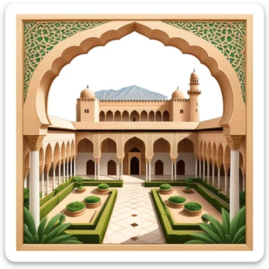 ​Cinematic Realistic Alhambra, depicted as a panoramic, zoomed-out view of the entire majestic Moorish palace complex with intricate arches, expansive courtyards, and lush gardens, bathed in soft golden lighting that highlights its opulent historical beauty, sticker