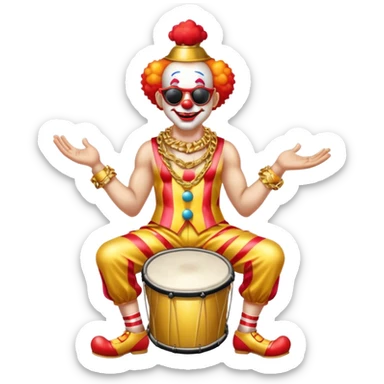 Clown with big golden chain on the neck wearing sunglasses plays drum kit full height sticker