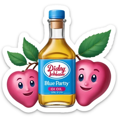 bottle of oil blue top pink outside with logo that says Diddy Party oil Johnson and Johnson  brand with a smiling berry on top sticker