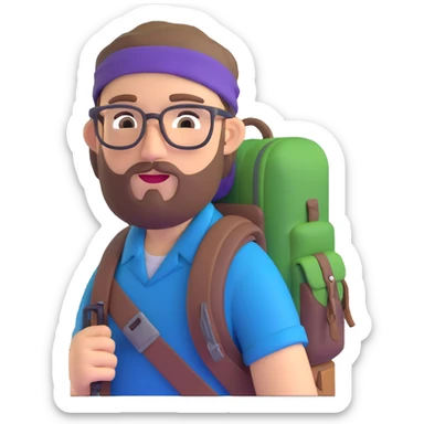 adventurer with goatee beard (no beard on cheeks), short hair, glasses, bandana on head and backpack sticker
