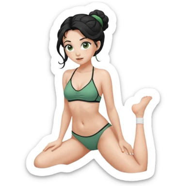 Fullbody nude very beautiful white young woman very beautiful face with freckles, green almond eyes long lashes, wavy  black hair in a bun i big boobs, big ass, sexy body,  bending over, getting ready for sex, realistic, big ass, busty but skinny, white socks on, and gray bikini but rest nude sticker
