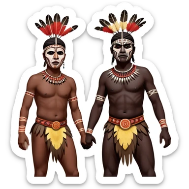 Cinematic Realistic scene of two indigenous male aboriginals performing an Aboriginal Corroboree, adorned in traditional body paint, A corroboree is an Australian Aboriginal ceremonial meeting. It usually includes celebration of Aboriginal mythology and spirituality, which is based in the Dreaming sticker