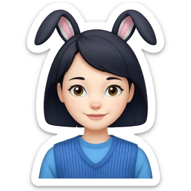 make a girl hair short black and wear bunny skin pale ok and wear Sweater vests blue and make little bit a younger sticker