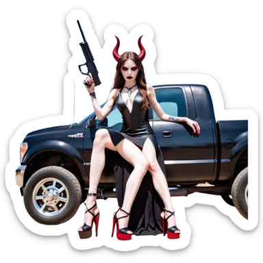 Lilith model red eye sexy black  devil horns.  long brown haired sexy succubus woman with leather long dress slit, sitting on big Large F350 pickup truck. Black Platform high heels on feet. Tattoo sleeve arms, dead human skull of her ex skull is on top of stack of cash and a gun in  hand sticker