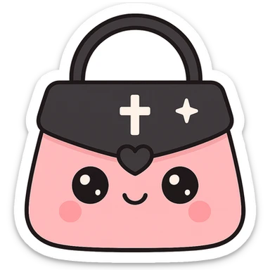 white and black gothic purse, kawaii style, big eyes, smiling, cartoonish, playful, minimal gothic symbols sticker
