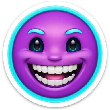 futuristic glowing emoji face laughing wide with glowing teeth, purple and cyan neon light, dark background sticker
