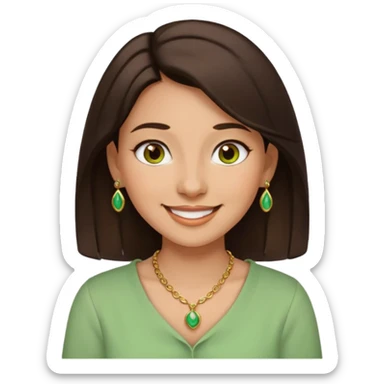 cheerful young woman emoji with dark brown hair, brown eyes, nose piercing, smiling, wearing green and cream blouse and gold necklace, expressing relaxed happiness sticker
