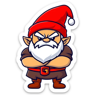 Grumpy dwarf character with angry expression, white beard, red hat, and arms crossed sticker