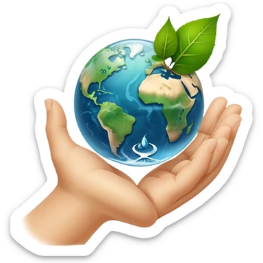 An icon featuring a green leaf, Earth held in hands, and a recycling symbol, symbolizing ecology. The design includes trees, clean water, and animals, representing environmental protection, sustainability, and ecosystems. Transparent background highlights the science of nature and conservation. sticker