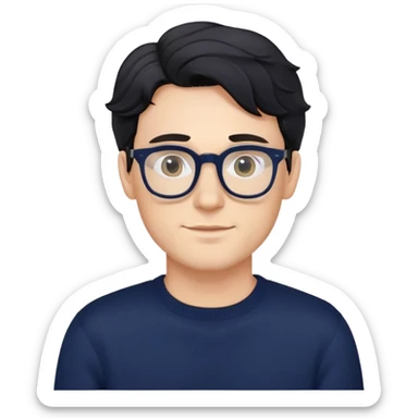 Caucasian male with wavy black hair wearing eyeglasses and a dark navy blue long sleeve pullover sweater sticker