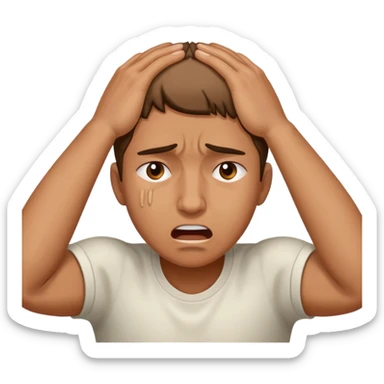 Face clutching head in agony and pain, suffering expression, hands gripping head sticker