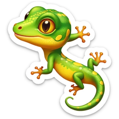 Cinematic Cute Gecko Portrait Emoji, Head tilted playfully and inquisitively, featuring a small, charming body with smooth, vividly patterned scales, bright, sparkling eyes and delicate, sticky toe pads, Simplified yet irresistibly adorable features, highly detailed, glowing with a warm, inviting glow, high shine, affectionate and lively, stylized with a touch of tropical whimsy, soft glowing outline, capturing the essence of a mischievous yet loving gecko that appears ready to dart out of the screen into your heart! sticker