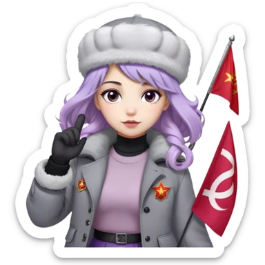 Russian Girl with lavender hair faded black in the bottom + wavy hair
white ushanka +Soviet pin
light grey jacket with light purple fur
grey skirt
dark grey leggings
light grey boots with light purple fur
grey eyes
snow white color skin
holding a Russian flag
is in Moscow Russia sticker