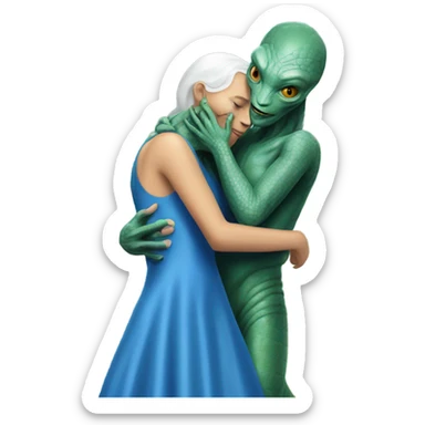 White man in blue dress  hugs and kissing Alien reptilian woman in silver dress  sticker