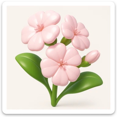 Create a 3D iOS-style square image of cartoon soapwort (Saponaria) flowers with extra volumetric and rounded shapes. The petals should be pale pink with big green leaves, playful proportions, soft lighting, and a glossy effect. No background, no face or smile, proportions 1:1. The style should reflect a 3D iOS cartoon look with smooth, rounded, and glossy details. sticker