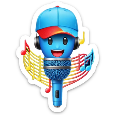 Create a dynamic and energetic emoji that represents beatboxing. The design should feature a microphone with a singing mouth and soundwaves or rhythmic beats emanating from it, symbolizing the vocal percussion and rhythm of beatboxing. Add a cap placed on top of the microphone to reflect street culture and the individuality of the performer. Include musical notes floating around to emphasize the musicality. Use bold, vibrant colors like neon blue, red, and yellow to convey energy and excitement. The background should be transparent sticker