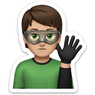 Chico de pelo marrón, ojos verdes y la mitad de la cara color gris ceniza. Con un cubre bocas negro, que tiene una camisa verde por encima de una remera blanca, y tiene un guante negro en una sola de las manos. Estilo minecraft sticker